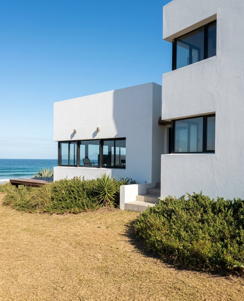 Fachada del balneario con vista al mar desde el jardín
