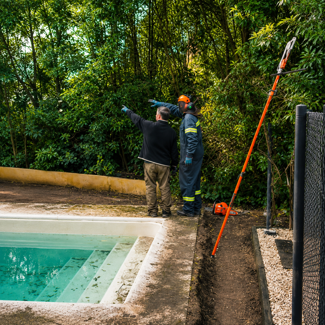 Dos técnicos evaluando la altura de un cerco junto a una piscina
