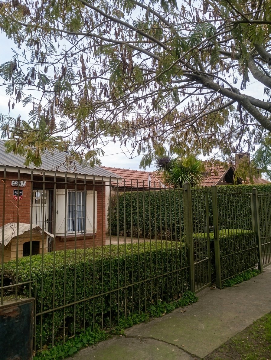 Cerco vivo prolijo junto a una reja, frente a una casa de ladrillo