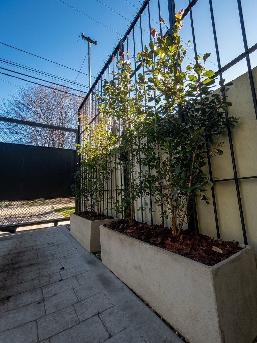 Jardineras de hormigón con forestación nueva contra una reja perimetral