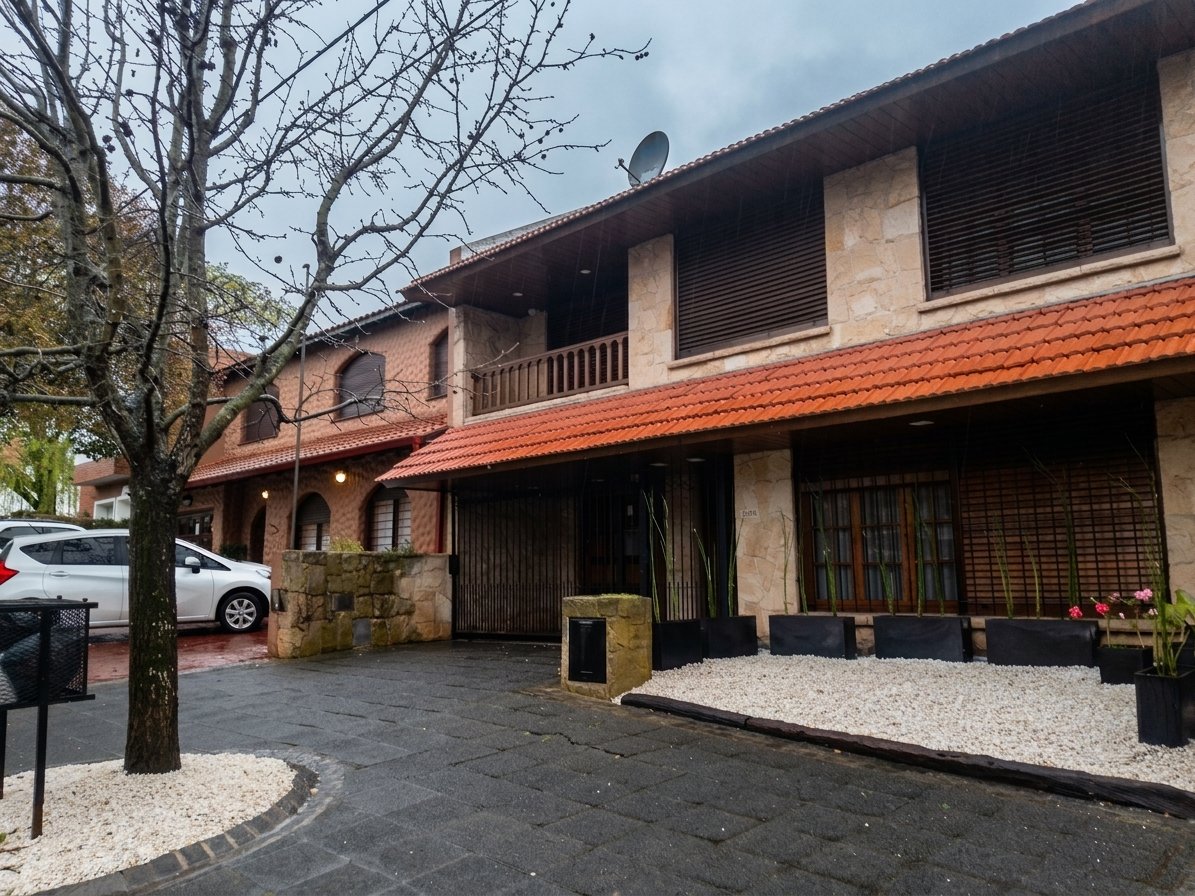 Acceso de vivienda con canteros de piedra blanca y forestación en macetas